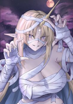 1girl absurdres blonde_hair blue_hair blush breasts cleavage commentary fingernails fleurdelys_(wuthering_waves) full_moon hands_up highres horns huge_breasts long_horns long_pointy_ears looking_at_viewer moon mummy_costume parted_bangs parted_lips pointy_ears purple_eyes purple_sky single_horn sky smile solo tacet_mark_(wuthering_waves) upper_body west_(westes) wuthering_waves yellow_horns