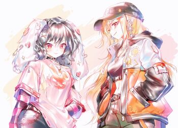 2girls :p alternate_costume animal_ear_piercing animal_ears animal_print baseball_cap belt black_belt black_collar black_hair black_hat black_shirt blonde_hair breasts carrot_hair_ornament carrot_necklace chain collar cowboy_shot crop_top denim ear_ornament ear_piercing earrings floppy_ears food-themed_hair_ornament green_shorts hair_ornament hand_on_own_hip hands_in_pockets hat heart_pendant highres hood hooded_jacket inaba_tewi jacket jeans jewelry layered_sleeves long_hair long_sleeves looking_at_viewer makeup matara_okina medium_breasts multiple_girls multiple_necklaces necklace off-shoulder_shirt off_shoulder orange_jacket pants piercing pink_shirt rabbit_ears rabbit_print red_eyes rhea_(156latte) safety_pin shirt short_hair short_over_long_sleeves short_sleeves shorts smile splatter_background striped_sleeves sun_earrings sun_print tongue tongue_out touhou v-shaped_eyebrows wavy_hair white_background x_hair_ornament zipper