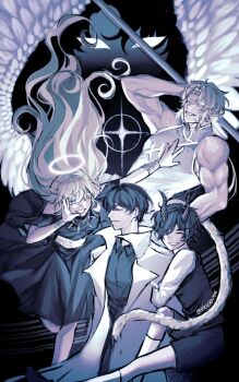 1girl 1other 3boys :d abyssal_black_flame_dragon_(omniscient_reader&#039;s_viewpoint) arm_hug bangle black_dress black_hair black_shirt blonde_hair blue_eyes bracelet coat corset dark dragon_horns dress evie_(baoxiao) feathered_wings full_body glowing glowing_eyes grin group_picture hair_flowing_over halo hand_on_another&#039;s_chest highres holding holding_pole horns jewelry kemonomimi_mode kim_dokja knees_up leaning_back limited_palette long_hair low_ponytail multiple_boys muscular muscular_male muted_color necklace omniscient_reader&#039;s_viewpoint open_mouth outstretched_arm pointy_ears pole ponytail popped_collar secretive_plotter shirt short_hair sidelocks smile sun_wukong_(omniscient_reader&#039;s_viewpoint) talking tunic uriel_(omniscient_reader&#039;s_viewpoint) very_long_hair white_coat white_eyes white_tunic white_wings wings yoo_joonghyuk