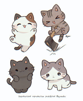 Rule 34 | > <, :<, :3, :d, ^ ^, animal, animal focus, axe, ayu (mog), blush stickers, cat, closed eyes, commentary request, dot nose, holding, holding axe, no humans, open mouth, original, simple background, smile, sweat, twitter username, watermark, whiskers, white background, x3, xd