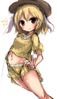Rule 34 | 1girl, animal ears, blonde hair, cowboy shot, dango, expressionless, female focus, flat cap, floppy ears, food, hat, holding, holding food, kihuzinz, mg mg, midriff, navel, puffy short sleeves, puffy sleeves, rabbit ears, red eyes, ringo (touhou), sanshoku dango, shirt, short hair, short sleeves, shorts, simple background, sketch, solo, standing, tareme, touhou, wagashi, white background, yellow shirt, yellow shorts