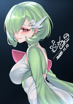 1girl absurdres back breasts dress ear_piercing from_side gardevoir gen_3_pokemon green_dress hair_ornament highres large_breasts looking_at_viewer medium_hair nintendo personification piercing pokemon pokemon_(anime) pokemon_(creature) poketoon red_eyes simple_background wanzi_(99wanzi99)