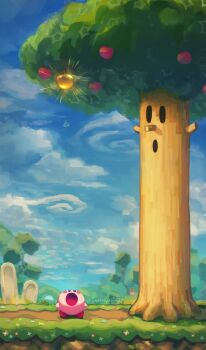 apple artist_name blue_flower blue_sky blush blush_stickers cloud cloudy_sky day flower food fruit golden_apple grass highres hill kirby kirby_(series) looking_up nintendo no_humans open_mouth outdoors path polof red_flower road scenery sky standing star_(symbol) suyasuyabi tree twitter_username ufo ufo_(kirby) whispy_woods yellow_flower