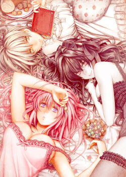 Rule 34 | 3girls, aoi subaru, bad id, bad pixiv id, blue eyes, book, breasts, brown hair, chemise, cleavage, large breasts, medium breasts, multiple girls, pink hair, pixiv fantasia, pixiv fantasia 1, pixiv fantasia 2, pixiv fantasia 3, red eyes, silver hair, strap slip, thighhighs, yellow eyes