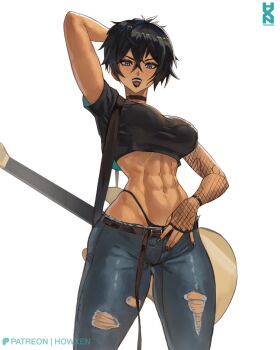 1girl abs arm_behind_head artist_name black_hair black_lips black_panties black_shirt blue_eyes breasts commentary commission guitar hair_between_eyes howxen instrument large_breasts looking_at_viewer midriff navel open_mouth original panties pants patreon_logo patreon_username shirt short_hair signature simple_background smile solo teeth toned toned_female torn_clothes torn_pants underwear upper_teeth_only white_background