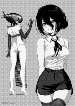 1girl absurdres apron ass bomb_devil_(chainsaw_man) breasts butt_crack chainsaw_man choker closed_mouth collared_shirt dynamite elbow_gloves explosive gloves hair_between_eyes hair_bun highres medium_breasts neck_ribbon object_head panties reze_(chainsaw_man) ribbon shirt shirt_tucked_in short_shorts shorts sleeveless sleeveless_shirt smile thighhighs tiptoes torusava underwear