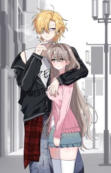 1boy 1girl black_jacket blonde_hair blue_eyes breasts cigarette degrees_of_lewdity grey_hair grey_pants grey_skirt hair_intakes hair_over_one_eye highres holding holding_cigarette jacket large_breasts lilie_(s2xllj) long_hair pants pink_shirt player_character_(degrees_of_lewdity) player_character_(female)_(degrees_of_lewdity) s2xllj shirt skirt sleeveless sleeveless_shirt thighhighs white_shirt white_thighhighs whitney_(degrees_of_lewdity) whitney_(male)_(degrees_of_lewdity)