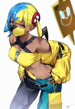 1girl absurdres bandeau belt black_belt blonde_hair blue_hair blue_nails breasts canari_(pokemon) collarbone crop_top dark-skinned_female dark_skin gen_4_pokemon hair_ornament hands_on_own_hips highres looking_at_viewer mask medium_breasts midriff mouth_mask multicolored_hair nintendo pants pokemon pokemon_legends:_z-a rotom rotom_phone simple_background solo split-color_hair tomitacchi two-tone_pants yellow_bandeau yellow_nails