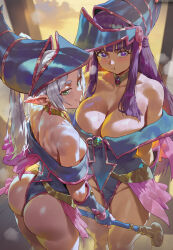 ai-assisted ass bare_shoulders blue_hat blush breasts cosplay dark_magician_girl dark_magician_girl_(cosplay) earrings fern_(sousou_no_frieren) frieren from_behind green_eyes grey_hair hat highres holding holding_wand huge_ass huge_breasts jewelry long_hair looking_at_viewer pelvic_curtain pentacle pentagram pointy_ears purple_eyes purple_hair rod shexyo showgirl_skirt small_breasts sousou_no_frieren sweat thick_thighs thighs twintails vambraces wand wizard_hat yu-gi-oh!