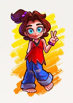 1girl arm_behind_back artist_request baggy_pants barefoot blue_eyes brown_hair child clenched_hand denim donkey_kong_(series) donkey_kong_bananza dress eyelashes facing_viewer feet female_focus fingernails flat_chest freckles full_body hair_intakes hair_ornament hand_up happy highres jeans lips long_hair looking_at_viewer neck nintendo pants pants_rolled_up parted_bangs pauline_(mario) pauline_(young)_(mario) pigeon-toed side_ponytail sidelocks sleeveless sleeveless_dress smile source_request standing thick_eyebrows toenails toes topknot v v-neck