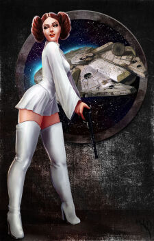 1girl boots brown_eyes brown_hair double_bun dress full_body gabriella_noar gun hair_bun high_heel_boots high_heels holding holding_gun holding_weapon looking_at_viewer looking_to_the_side millennium_falcon princess_leia spacecraft star_wars star_wars:_a_new_hope thigh_boots weapon white_boots white_dress