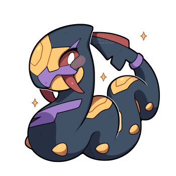 Rule 34 | absurdres, animal focus, blush, colored sclera, fangs, full body, gen 3 pokemon, highres, looking at viewer, nintendo, no humans, pokemon, pokemon (creature), pokemon focus, red eyes, red sclera, sevi (seviyummy), seviper, simple background, snake, solo, sparkle, white background