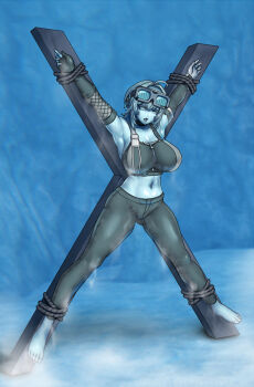 1girl ahoge armpits asymmetrical_gloves barefoot bdsm black_gloves black_pants black_sports_bra blue_background blue_sclera blue_skin blue_tongue bound bound_arms bound_legs bra breasts choker cleavage collarbone colored_eyelashes colored_sclera colored_skin colored_tongue covered_groin crucifixion double-parted_bangs elbow_gloves empty_eyes fingerless_gloves frozen gloves goggles goggles_on_head grace_howard grey_eyes grey_hair hair_between_eyes hair_intakes linea_alba navel ningyoushi open_mouth outstretched_arms pants raised_eyebrows restrained rolling_eyes saliva short_hair sidelocks smoke solo sports_bra spread_arms spread_legs stationary_restraints thick_eyelashes toned toned_female tongue tongue_out underwear variant_set white_gloves x-cross_(bdsm) zenless_zone_zero