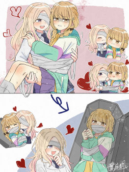 2girls bandage_over_one_eye black_necktie blonde_hair bound bound_arms bound_together braid carrying coffin collared_shirt commentary_request drooling fujita_kotone gakuen_idolmaster grey_shirt halloween haniwa_hayate heart highres hood hoodie idolmaster jacket juo_sena long_hair multicolored_hair multiple_girls necktie pink_streaks pleated_skirt princess_carry purple_skirt shirt skirt smile streaked_hair sweat twin_braids white_jacket yellow_eyes yuri