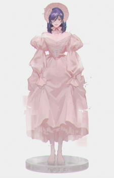 1boy absurdres barefoot bonnet commentary crossdressing crossdressing_(mtf) dress expressionless full_body glitch gundam gundam_00 hair_between_eyes highres huangdanlan long_sleeves looking_at_viewer male_focus outdoors pink_bonnet pink_dress puffy_sleeves purple_hair solo standing tieria_erde toenails trap