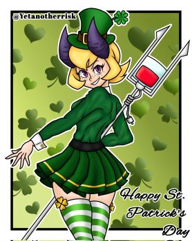 1girl blonde_hair clover dress english_text female_focus four-leaf_clover green_background green_dress green_hat green_theme hat highres iv_stand patty_(skullgirls) saint_patrick&#039;s_day skullgirls solo standing striped_clothes striped_thighhighs tagme thighhighs top_hat yetanotherrisk