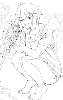 1girl absurdres barefoot commentary flower fukana_miyu_(kokuya28) full_body greyscale grin hair_ornament highres holding holding_hose hose kokuya_(kokuya28) lineart looking_at_viewer monochrome original shirt short_hair short_sleeves smile solo squatting sunflower water x_hair_ornament