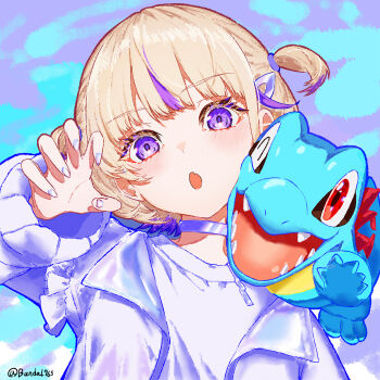 1girl 1other bandal765 blonde_hair blush cheek-to-cheek choker claw_pose commentary crocodile crocodilian english_commentary fangs gen_2_pokemon heads_together highres hololive jacket looking_at_another looking_at_viewer one_eye_closed open_mouth pokemon pokemon_(creature) purple_eyes red_eyes shirt short_hair smile todoroki_hajime totodile upper_body virtual_youtuber white_choker white_jacket white_shirt