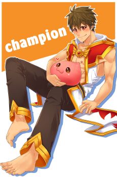 1boy :3 absurdres barefoot black_pants blush brown_hair champion_(ragnarok_online) character_name closed_mouth commentary dong_chen english_commentary full_body gold_trim highres looking_at_viewer male_focus orange_background orange_eyes pants poring ragnarok_online red_shirt shirt short_hair sitting sleeveless sleeveless_shirt slime_(creature) smile solo toned toned_male two-tone_shirt white_background white_shirt