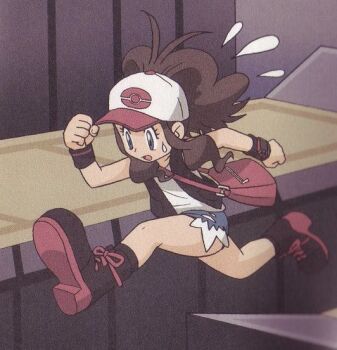 1girl :o arm_up ass baseball_cap black_vest blue_eyes blush breasts brown_hair clenched_hands denim denim_shorts exposed_pocket full_body hat high_ponytail hilda_(pokemon) jumping long_hair looking_down nintendo official_art open_clothes open_mouth open_vest poke_ball_print pokemon pokemon_black_and_white ponytail scan shirt shorts sidelocks simple_background solo vest white_shirt wide_hips wristband