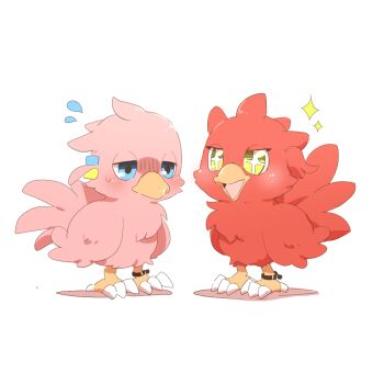 +_+ animalization bird blue_eyes bocchi_the_rock! commentary_request flying_sweatdrops full_body gloom_(expression) gotoh_hitori kita_ikuyo no_humans open_mouth rebecca_(keinelove) simple_background sparkle standing white_background yellow_eyes