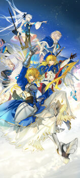 2boys 3girls absurdres ahoge arlizi armor armored_boots armored_dress artoria_caster_(fate) artoria_caster_(second_ascension)_(fate) artoria_pendragon_(fate) belt black_bow black_corset black_dress black_gloves black_pants black_pantyhose black_thighhighs blonde_hair blue_belt blue_bow blue_bowtie blue_cape blue_capelet blue_dress blue_eyes blue_footwear blue_headwear boots bow bowtie breastplate breasts brooch buttons cape capelet cleavage cloak closed_mouth cloud commentary corset crown dress expressionless fairy_wings fate/grand_order fate_(series) faulds fur-trimmed_cape fur_trim gauntlets gloves gold_trim green_eyes grey_hair hair_between_eyes hair_bow hair_spread_out hat hat_bow high_heels highres holding holding_polearm holding_staff holding_weapon hood hood_up insect_wings jewelry juliet_sleeves jumping light_particles long_hair long_sleeves looking_ahead looking_at_another looking_down medium_breasts merlin_(fate) morgan_le_fay_(fate) morgan_le_fay_(first_ascension)_(fate) multiple_boys multiple_girls oberon_(fate) open_mouth outstretched_arm pants pantyhose pink_bow polearm ponytail puffy_sleeves purple_eyes reaching saber_(fate) shirt short_hair skirt sky sleeve_cuffs smile staff star_(sky) tassel teeth thighhighs twintails two-sided_capelet two-sided_fabric two-sided_sleeves upper_teeth_only weapon white_cloak white_shirt white_skirt white_sleeves wide_sleeves wings
