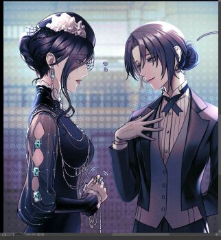 2girls angon623 arm_behind_back art_program_in_frame black_dress black_hair black_hat black_jacket breasts butler chief_(path_to_nowhere) curtained_hair dress earrings eyes_visible_through_hair female_chief_(path_to_nowhere) flat_chest flying_sweatdrops grey_eyes hair_bun halftone halftone_background hand_on_own_chest hat jacket jelena_(path_to_nowhere) jewelry large_breasts light_smile long_sidelocks long_sleeves looking_at_another mark_under_eye multiple_girls multiple_rings necklace open_clothes open_jacket parted_lips path_to_nowhere profile ragl ring short_hair sidelocks single_hair_bun standing sweatdrop teardrop_facial_mark tuxedo upper_body vest waistcoat