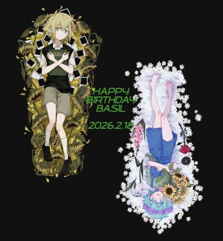 Rule 34 | 2boys, antenna hair, barefoot, basil (faraway) (omori), basil (headspace) (omori), basil (omori), black background, black shoes, blonde hair, blue eyes, blue overalls, blush, book, brown shorts, cactus, closed mouth, collared shirt, commentary request, crossed arms, dated, double-parted bangs, flower, flower wreath, gladiolus, green eyes, green hair, green shirt, green sweater vest, hair between eyes, happy birthday, head wreath, highres, holding, holding book, holding flower, lily of the valley, looking at viewer, male focus, multiple boys, omori, open mouth, overall shorts, overalls, photo (object), red flower, red rose, rose, sano gameya, shirt, shoes, short hair, short sleeves, shorts, sidelocks, simple background, smile, socks, sunflower, sweater vest, tulip, white flower, white shirt, white socks, white tulip