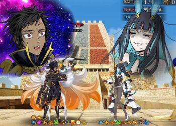 animal_ears bb_(fate) black_hair black_pantyhose blue_hair bow bowtie colored_inner_hair cosmology_(mgncosmo) embarrassed empty_eyes fate/grand_order fate_(series) game_screenshot_background golden_bb_(fate) green_bow green_bowtie gun holding holding_gun holding_weapon izcalli_(fate) mask meme multicolored_hair nervous_sweating olga_marie_animusphere pantyhose playboy_bunny pyramid_(structure) rabbit_ears scar scar_on_face scar_on_forehead screenshot_background shaded_face space_cat_(meme) sweat tenochtitlan_(fate) tenochtitlan_(swimsuit_mooncancer)_(fate) tenochtitlan_(swimsuit_mooncancer)_(third_ascension)_(fate) u-olga_marie weapon