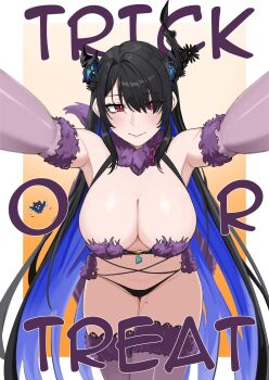 1girl absurdres asymmetrical_horns black_hair blue_hair blush breasts colored_inner_hair commentary cosplay demon_horns english_commentary fate/grand_order fate_(series) hair_ornament highres hololive hololive_english horns kuon_bb large_breasts long_hair looking_at_viewer mash_kyrielight mash_kyrielight_(cosplay) mash_kyrielight_(dangerous_beast) mash_kyrielight_(dangerous_beast)_(cosplay) mole mole_on_thigh mole_under_eye multicolored_hair nerissa_ravencroft red_eyes two-tone_hair uneven_horns very_long_hair virtual_youtuber