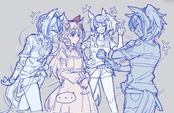 ... 2girls animal_ears blush bow closed_eyes closed_mouth daiichi_ruby_(brilliant_red_gemstone)_(umamusume) daiichi_ruby_(umamusume) daitaku_helios_(fun_fun_party_night)_(umamusume) daitaku_helios_(umamusume) dress drill_hair drill_sidelocks dumd ear_covers fang flower hair_between_eyes hair_bow hair_ornament hairclip holding holding_flower horse_ears horse_girl horse_tail limited_palette long_hair long_sleeves multiple_girls open_mouth shirt shorts side_ponytail sidelocks simple_background smile speech_bubble spoken_ellipsis star_(symbol) star_hair_ornament tail tied_shirt twin_drills umamusume yuri