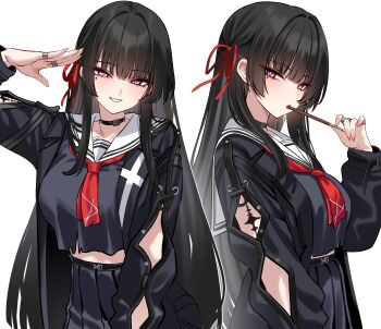 1girl absurdres alternate_breast_size_(larger) arm_cutout black_choker black_hair black_jacket black_serafuku black_shirt black_skirt blush breasts chisa_(wuthering_waves) choker clothing_cutout commentary crop_top fingernails food food_in_mouth hair_ribbon hand_up highres jacket large_breasts long_hair long_sleeves looking_at_viewer mole mole_under_eye multiple_views neckerchief paid_reward_available parted_lips pocky pocky_in_mouth red_eyes red_neckerchief red_ribbon revision ribbon sailor_collar school_uniform serafuku shigure_s shirt simple_background skirt smile tacet_mark_(wuthering_waves) very_long_hair white_background white_sailor_collar wuthering_waves