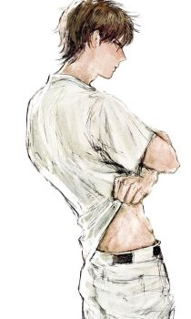 Rule 34 | 1boy, ace of diamond, arms up, belt, black belt, brown eyes, brown hair, closed mouth, clothes lift, commentary request, cowboy shot, lifting own clothes, looking at viewer, looking to the side, male focus, midriff, miyuki kazuya, no eyewear, pants, shirt, shirt lift, short hair, short sleeves, sketch, solo, standing, t-shirt, toned, toned male, white pants, yongyon5010