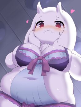 1girl artist_request belly blush breasts covered_navel fat fat_woman female_focus furry furry_female goat hands_on_own_face heart highres horns large_breasts mature_female muffin_top navel plump red_eyes shiny_skin solo toriel undertale utdr_(toby_fox)
