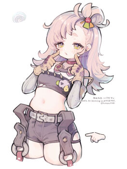 Rule 34 | 1girl, absurdres, black shorts, black tube top, blonde hair, blush, breasts, choker, commentary, cowboy shot, crop top, detached sleeves, disembodied hand, earrings, finger to cheek, gloves, goggles, goggles around neck, green eyes, hair bun, highres, jewelry, long hair, looking at viewer, midriff, navel, o3o, piper wheel, pointing, poponnu, red choker, short eyebrows, shorts, simple background, single earring, small breasts, solo, spiked shirt, strap slip, strapless, symbol-only commentary, temporal hairline, thick thighs, thighs, tube top, white background, yellow gloves, zenless zone zero