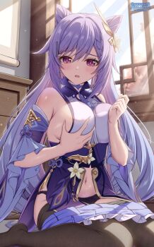 1girl artist_name bare_shoulders black_panties black_pantyhose blush breasts breasts_squeezed_together clothes_pull cone_hair_bun detached_sleeves diamond-shaped_pupils diamond_(shape) double_bun dress genshin_impact grabbing_own_breast hair_bun hair_ears hair_ornament highres keqing_(genshin_impact) large_breasts long_hair looking_at_viewer navel neck_tassel panties pantyhose pantyhose_pull ponnyu12 purple_dress purple_eyes purple_hair sideboob sitting skirt skirt_pull solo symbol-shaped_pupils tassel twintails underwear