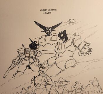 Rule 34 | baronofchickens, beam rifle, commentary, crossover, energy gun, english commentary, english text, fighting stance, getter-1, getter robo, greyscale, gundam, halo: reach, halo (series), highres, humanoid robot, imminent death, impending doom, mazinger (series), mazinger z (mecha), mecha, monochrome, multiple crossover, no humans, open hands, plasma sword, robot, rx-78-2 gundam, sangheili, science fiction, shaded face, size difference, sketch, smoke, spacesuit, spread fingers, super robot, super robot wars, type-1 energy sword, unggoy, weapon