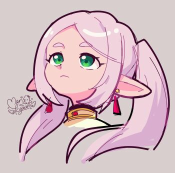 Rule 34 | 1girl, artist logo, commentary, elf, english commentary, expressionless, frieren, green eyes, highres, logo, long hair, looking up, marikyuunn, pointy ears, solo, sousou no frieren, twintails, upper body, white hair