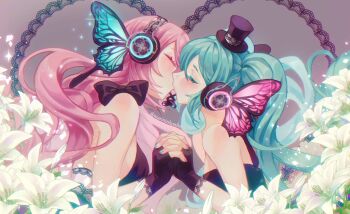 2girls absurdres blue_eyes bug butterfly butterfly_hair_ornament butterfly_wings commentary dress english_commentary fingerless_gloves flower gloves hair_ornament hat hatsune_miku headphones headset highres insect insect_wings kiss long_hair magnet_(vocaloid) marininho megurine_luka mini_hat mini_top_hat multiple_girls pink_hair top_hat twintails wings yuri