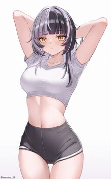 1girl arms_up black_hair black_shorts breasts closed_mouth cropped_shirt grey_hair highres hololive hololive_english large_breasts long_hair looking_at_viewer multicolored_hair navel noeee shiori_novella shirt short_shorts shorts simple_background solo split-color_hair two-tone_hair virtual_youtuber white_background white_shirt yellow_eyes