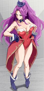 1girl angela_(seiken_densetsu_3) artist_request boots breasts female_focus hair_intakes hands_on_own_hips hat highres large_breasts leotard long_hair looking_to_the_side purple_boots purple_hair red_leotard red_skirt seiken_densetsu seiken_densetsu_3 showgirl_skirt sidelocks skirt solo square_enix swept_bangs thighs very_long_hair