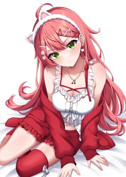 Rule 34 | 1girl, ahoge, animal ear hairband, animal ears, asymmetrical legwear, babydoll, blush, bow, breasts, cardigan, cat ear hairband, cat ears, closed mouth, commentary request, double-parted bangs, earrings, fake animal ears, frilled babydoll, frilled shorts, frills, front slit, full body, fuyumichi, green eyes, hair between eyes, hair bow, hairband, highres, hololive, jewelry, long hair, looking at viewer, navel, necklace, official alternate costume, official alternate hairstyle, red cardigan, red shorts, red thighhighs, ribbed thighhighs, sakura miko, sakura miko (loungewear), short shorts, shorts, simple background, single earring, single sidelock, single thighhigh, sitting, sleeves past wrists, socks, solo, thighhighs, uneven legwear, virtual youtuber, white background