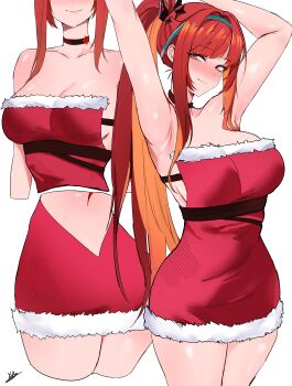 1girl absurdres arms_up ass black_choker blush breasts choker cleavage commentary dress english_commentary goddess_of_victory:_nikke high_ponytail highres large_breasts long_hair multiple_views ponytail rapi_(nikke) rapi_(red_hood)_(nikke) red_dress red_eyes red_hair santa_costume santa_dress simple_background smile thighs variant_set very_long_hair white_background yuka_1503