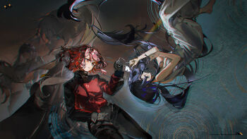 4girls ak-15_(girls&#039;_frontline) alva_(girls&#039;_frontline_2) an-94_(girls&#039;_frontline) angelia_(girls&#039;_frontline) aqua_eyes barefoot black_eyes black_hair black_jacket black_pants blonde_hair blueblossom commentary dog_tags dress english_commentary feet female_commander_(girls&#039;_frontline) girls&#039;_frontline girls&#039;_frontline_2:_exilium gloves grey_gloves highres jacket long_hair looking_at_another looking_at_viewer multicolored_jacket multiple_girls pants parted_lips pink_hair red_eyes red_jacket ripples short_hair two-tone_jacket very_long_hair voymastina_(girls&#039;_frontline_2) white_dress white_hair