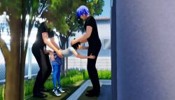 1girl 3d age_difference animated black_hair blue_thighhighs censored clothed_sex double_penetration fellatio full_body group_sex hetero high_heels legs loli long_legs looping_animation marvel mature_male miniskirt mosaic_censoring multiple_boys oral orgy outdoors peni_parker penis ponchi school_uniform sex sex_from_behind short_hair skirt spider-man_(series) spitroast tagme thighhighs threesome vaginal video