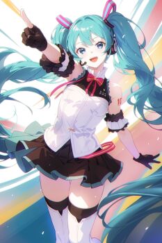 1girl absurdres aqua_hair aqua_trim arm_tattoo black_gloves black_skirt blue_eyes blush breasts commentary_request detached_sleeves gloves hair_between_eyes hair_ornament hair_ribbon hatsune_miku hatsune_miku_expo headphones headset highres long_hair looking_at_viewer miniskirt netarou_(shinra) number_tattoo open_mouth partially_fingerless_gloves pleated_skirt ribbon shirt short_sleeves skirt sleeveless sleeveless_shirt small_breasts smile solo tattoo thighhighs twintails very_long_hair vocaloid white_shirt white_thighhighs zettai_ryouiki