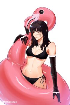 1girl bikini black_bikini black_hair breasts chainsaw_man cleavage cleavage_cutout clothing_cutout elbow_gloves flamingo_innertube genjiruu gloves highres holding holding_swim_ring inflatable_flamingo innertube jewelry long_hair long_sleeves medium_breasts medium_hair multiple_scars necklace orange_eyes panties scar side-tie_panties simple_background swim_ring swimsuit twitter_username underwear white_background yoru_(chainsaw_man)
