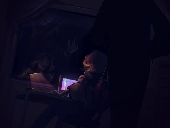 1girl 1other charlie_matheson computer creepypasta curtained_hair dark deftnm desk_lamp dim_lighting from_behind glitch glowing height_difference highres lamp monitor screen shadow sitting slender_man standing typing