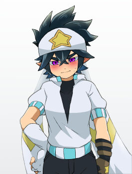 Rule 34 | 1girl, aotu world, asymmetrical gloves, bandana, black gloves, black hair, black pants, black shirt, blush, breasts, brown gloves, clenched hand, closed mouth, cowboy shot, embarrassed, fingerless gloves, genderswap, genderswap (mtf), gloves, hair between eyes, hand on own hip, headband, highres, hood, hood down, hooded jacket, jacket, looking at viewer, medium breasts, multicolored gloves, pants, pointy ears, print headband, puffy sleeves, purple eyes, ray (aotu world), shirt, short hair, short sleeves, simple background, solo, spiked hair, standing, star (symbol), star print, sweat, thick eyebrows, user kkya5245, white background, white gloves, white headband, white jacket