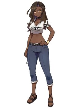 1girl belt belt_buckle black_belt black_choker black_sandals blue_pants bracelet breasts brown_hair buckle choker cleavage closed_mouth colored_inner_hair commentary commission cropped_shirt dark-skinned_female dark_skin english_commentary eye_print full_body hand_on_own_hip highres jewelry large_breasts long_hair looking_at_viewer midriff multicolored_hair navel oninuer original pants sandals shirt short_sleeves simple_background smile solo standing white_background white_shirt yellow_eyes